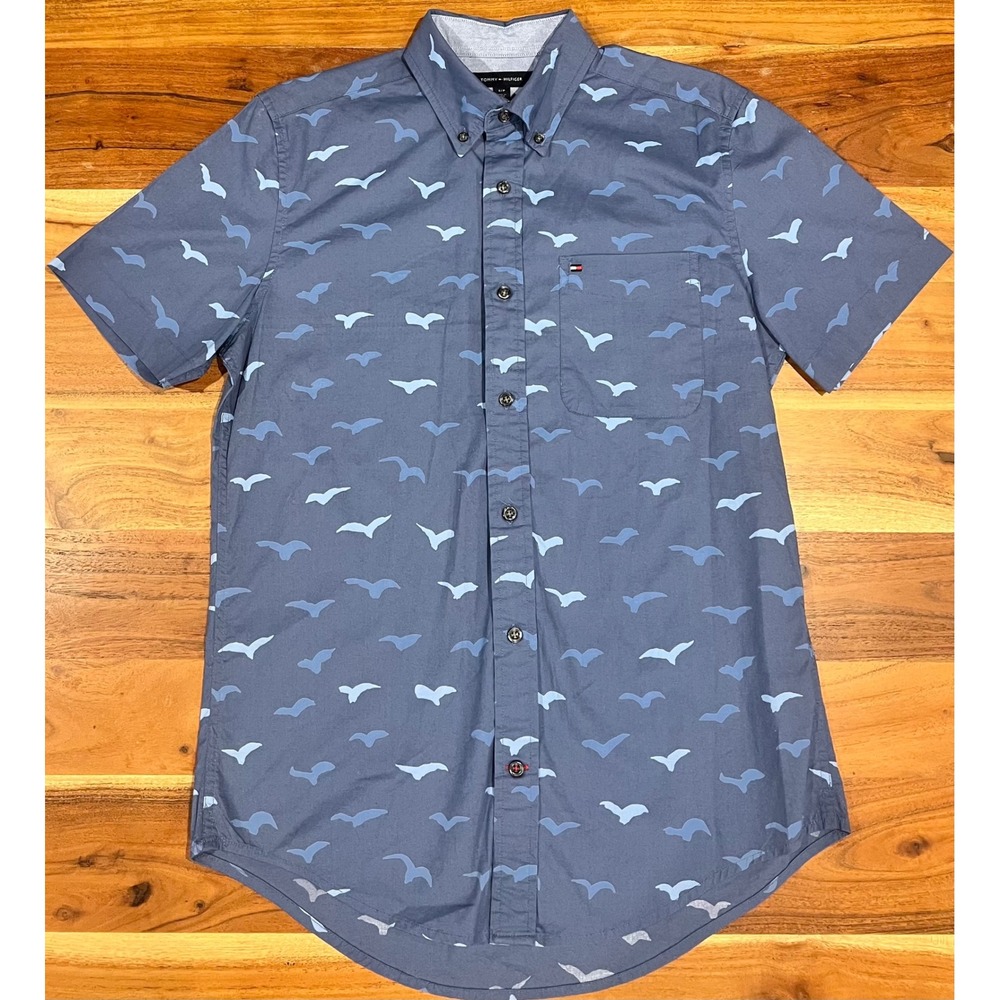 Tommy Hilfiger Mens Blue Bird Print Short Sleeve Button Down Shirt S 78J7981 420